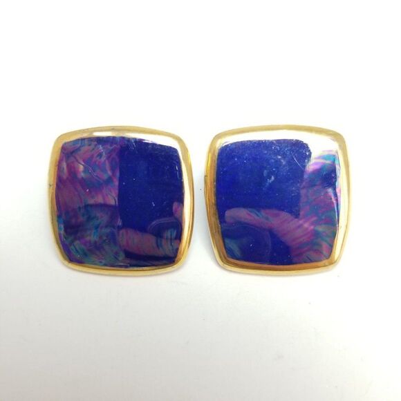 Vintage Blue Square Studs with Iridescent Finish and Gold Tone Border Earrings - Picture 1 of 6